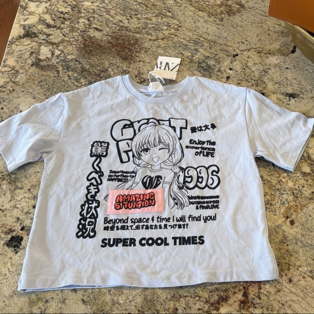 ZARA Girls Graphic Tee - Light Blue Super Cool Times Size 8-9